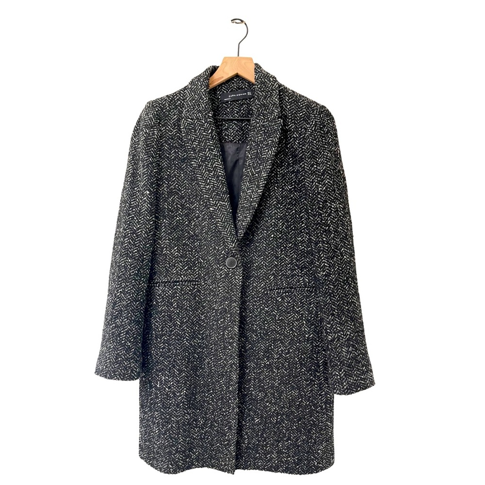 Zara Woman Black Tweed Wool-Blend Mid Trench Peacoat Size Small